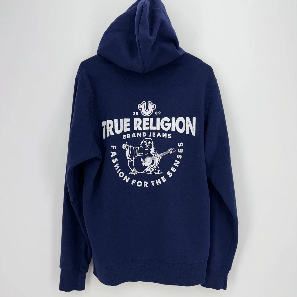 True Religion Zip Hoodie Men XL Navy Blue Good Buddha Graphic Horseshoe Logo New